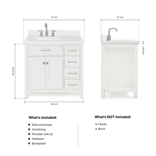 Alenza 36-inch White bathroom vanity on dimensions
