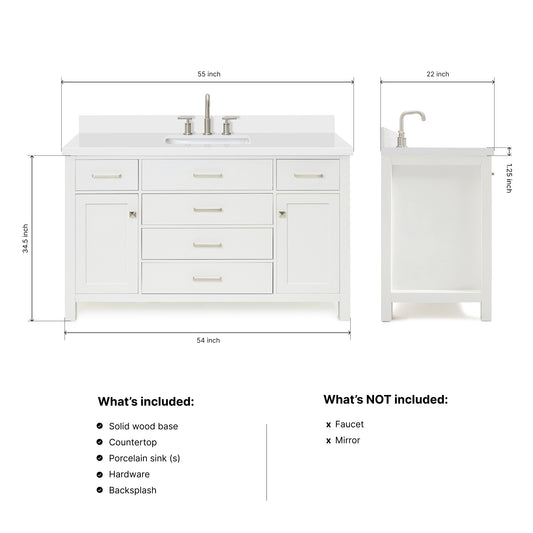 Alenza 54-inch White bathroom vanity on dimensions