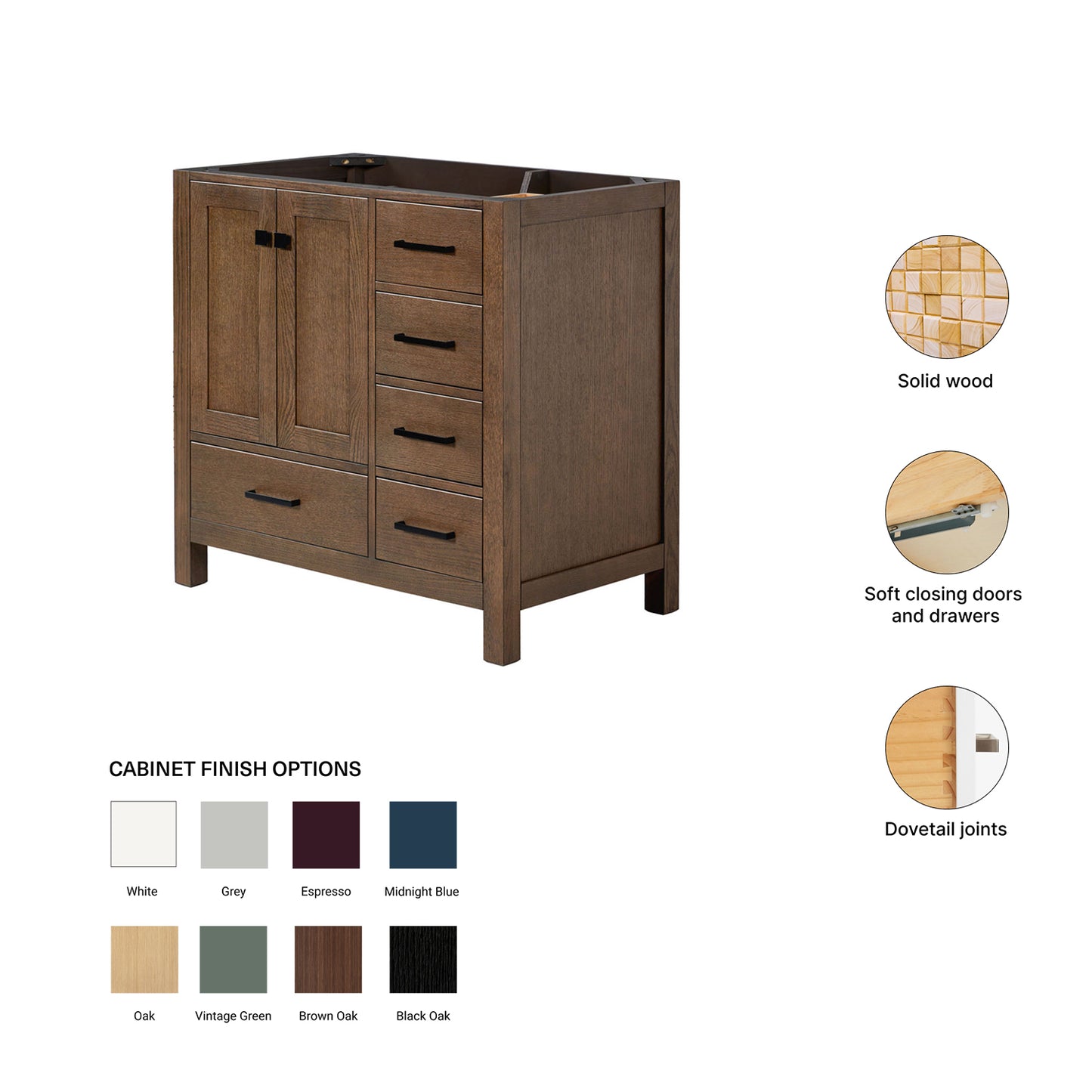 Beckford 36-inch Brown Oak base cabinet on feature highlights: solid wood frame, soft-close doors and drawers, Sherwin-Williams paint finish