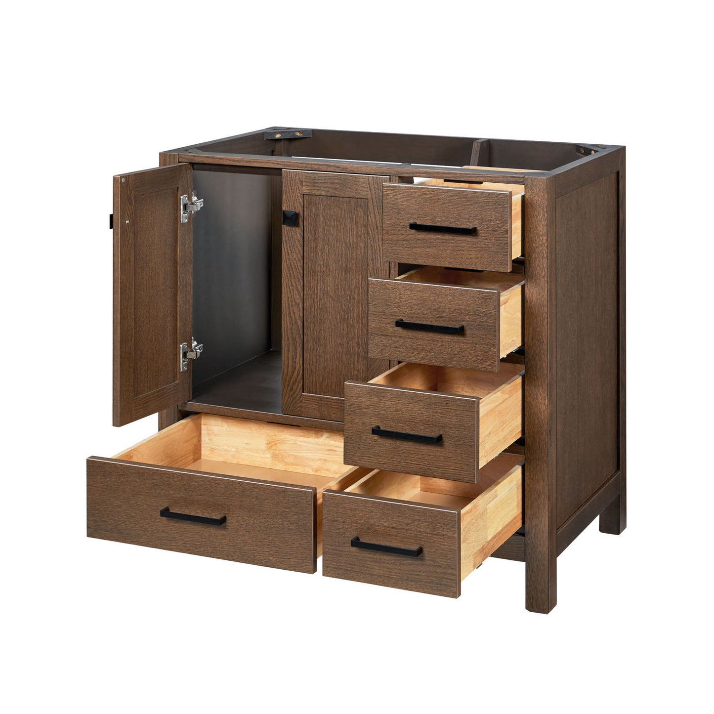 Beckford 36-inch Brown Oak base cabinet on white back ground side view open door