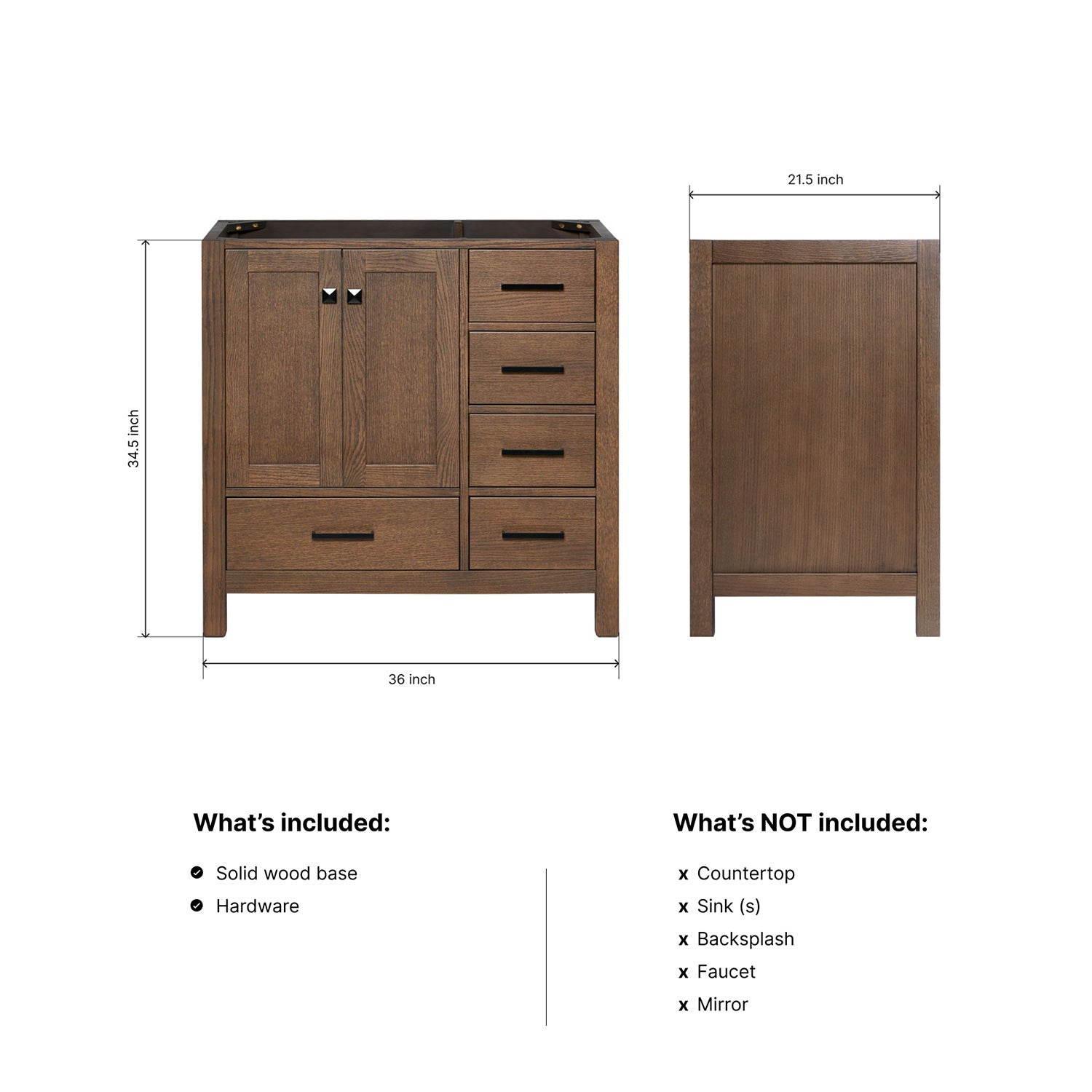 Beckford 36-inch Brown Oak base cabinet on dimensions