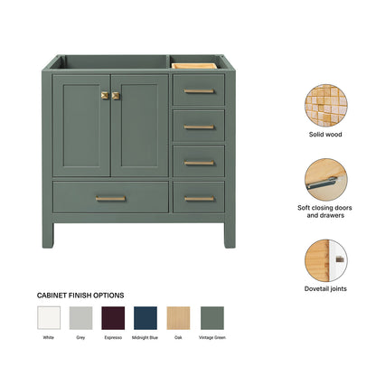 Beckford 36-inch Vintage Green base cabinet on feature highlights: solid wood frame, soft-close doors and drawers, Sherwin-Williams paint finish