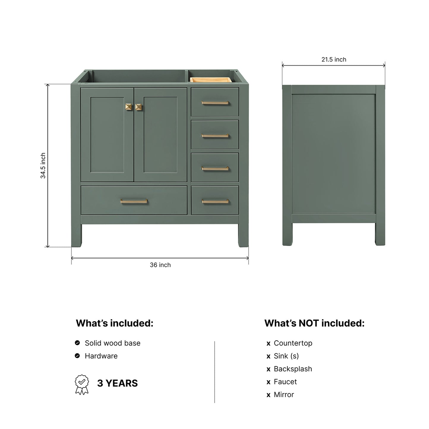 Beckford 36-inch Vintage Green base cabinet on dimensions