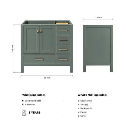 Beckford 36-inch Vintage Green base cabinet on dimensions