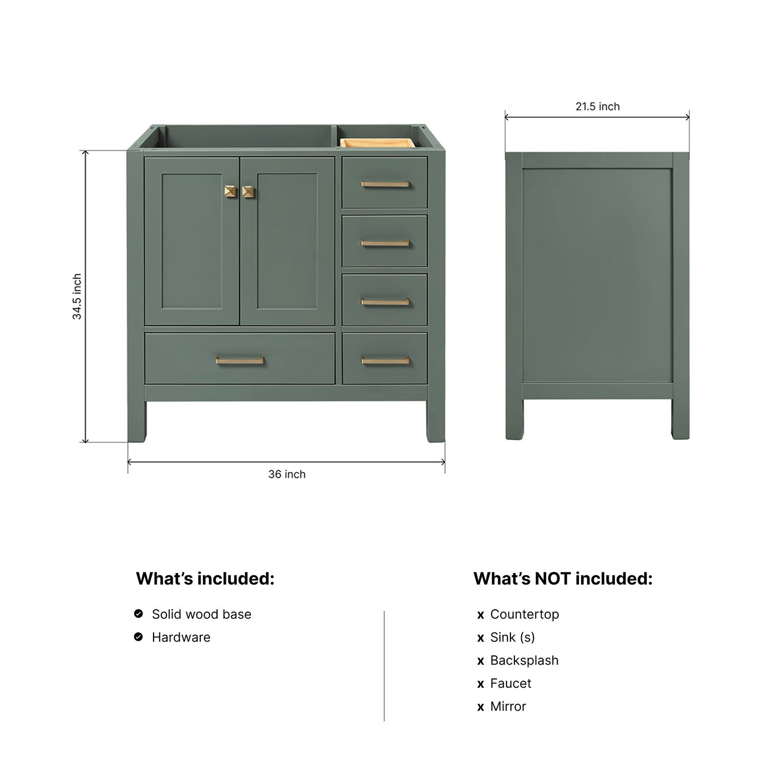 Beckford 36-inch Vintage Green base cabinet on dimensions