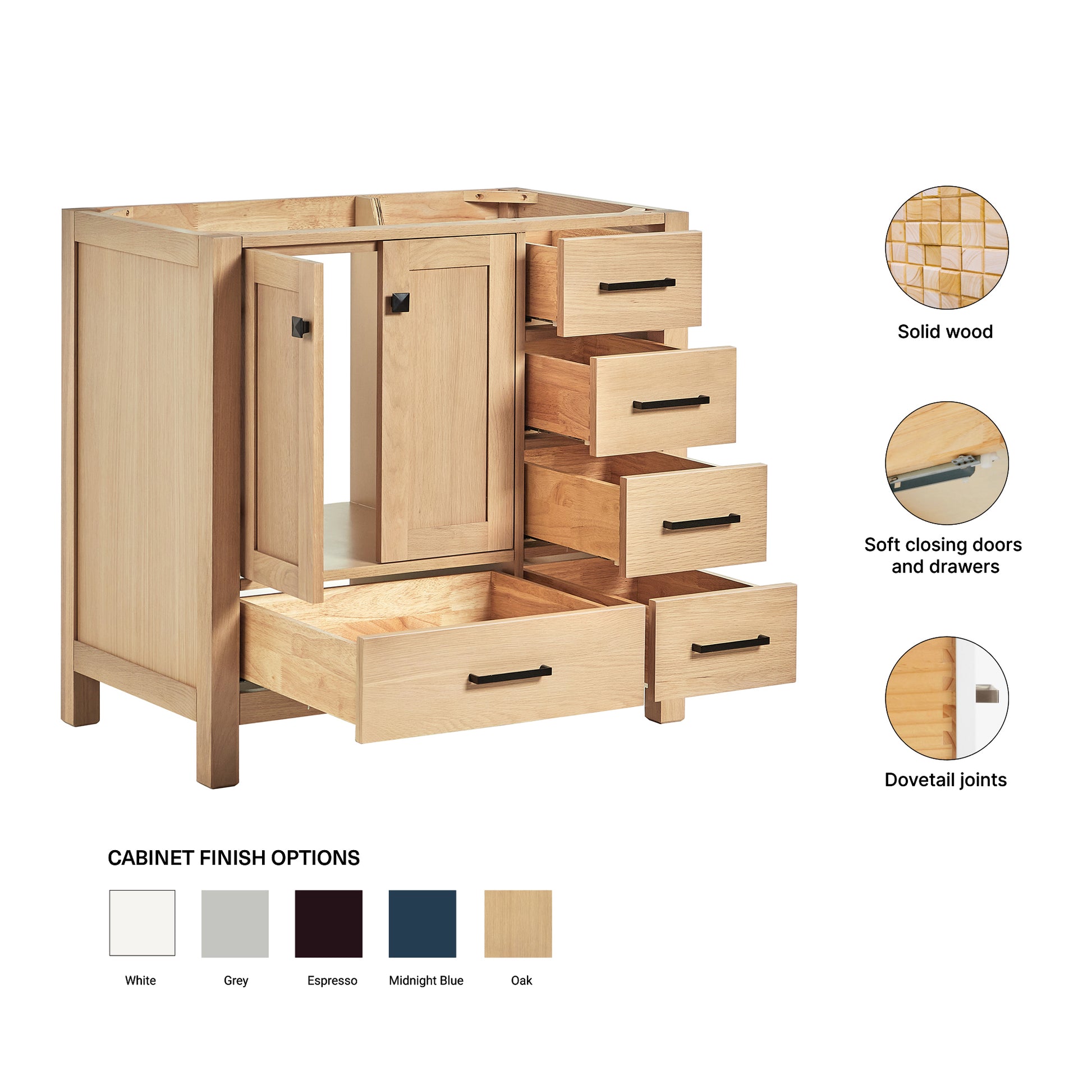 Beckford 36-inch Natural Oak base cabinet on feature highlights: solid wood frame, soft-close doors and drawers, Sherwin-Williams paint finish