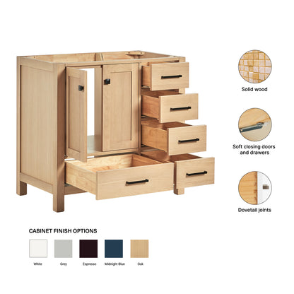 Beckford 36-inch Natural Oak base cabinet on feature highlights: solid wood frame, soft-close doors and drawers, Sherwin-Williams paint finish