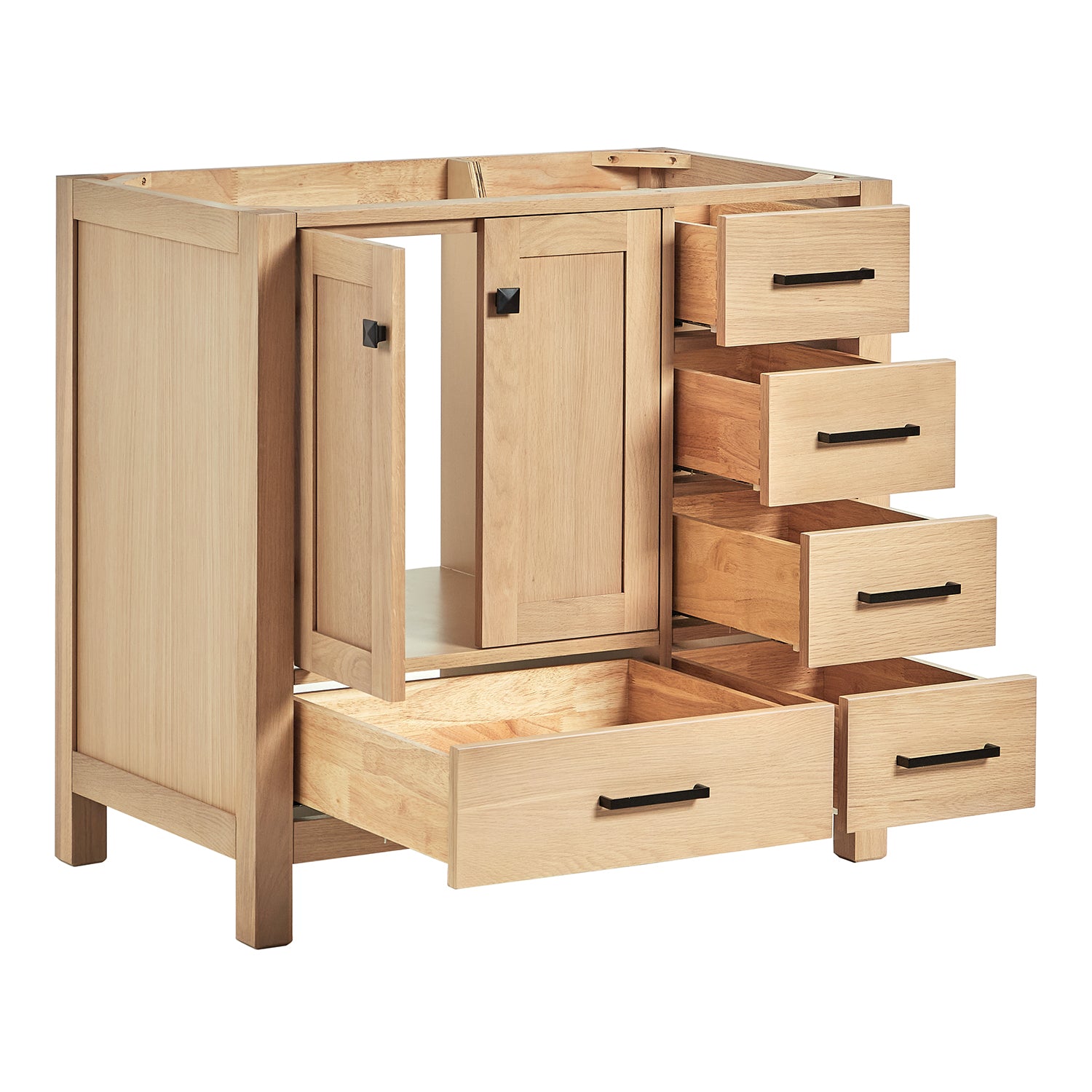 Beckford 36-inch Natural Oak base cabinet on white back ground side view open door