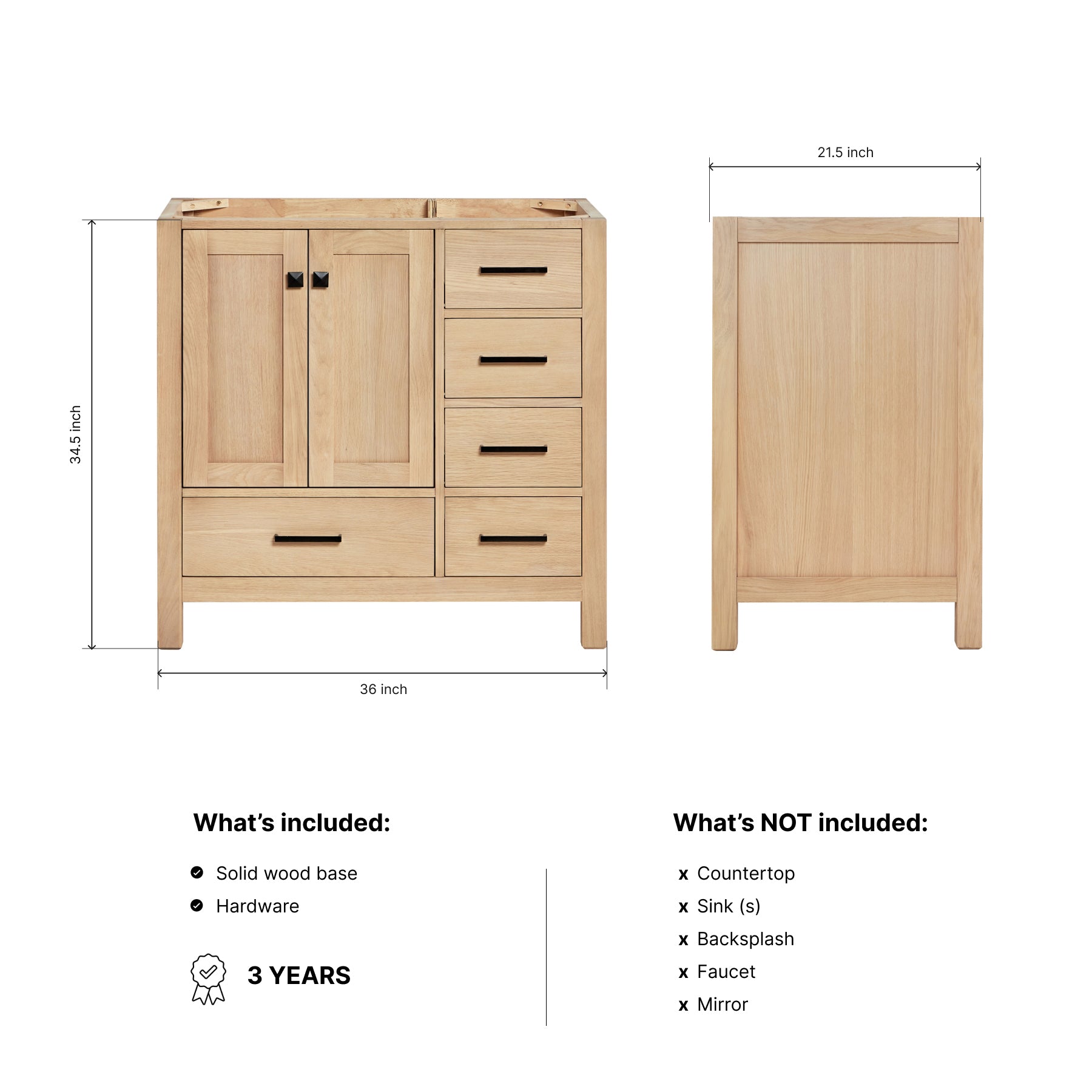 Beckford 36-inch Natural Oak base cabinet on dimensions