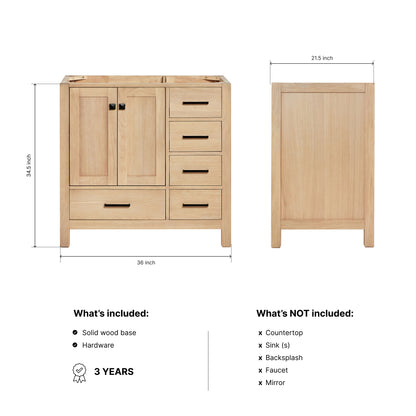 Beckford 36-inch Natural Oak base cabinet on dimensions