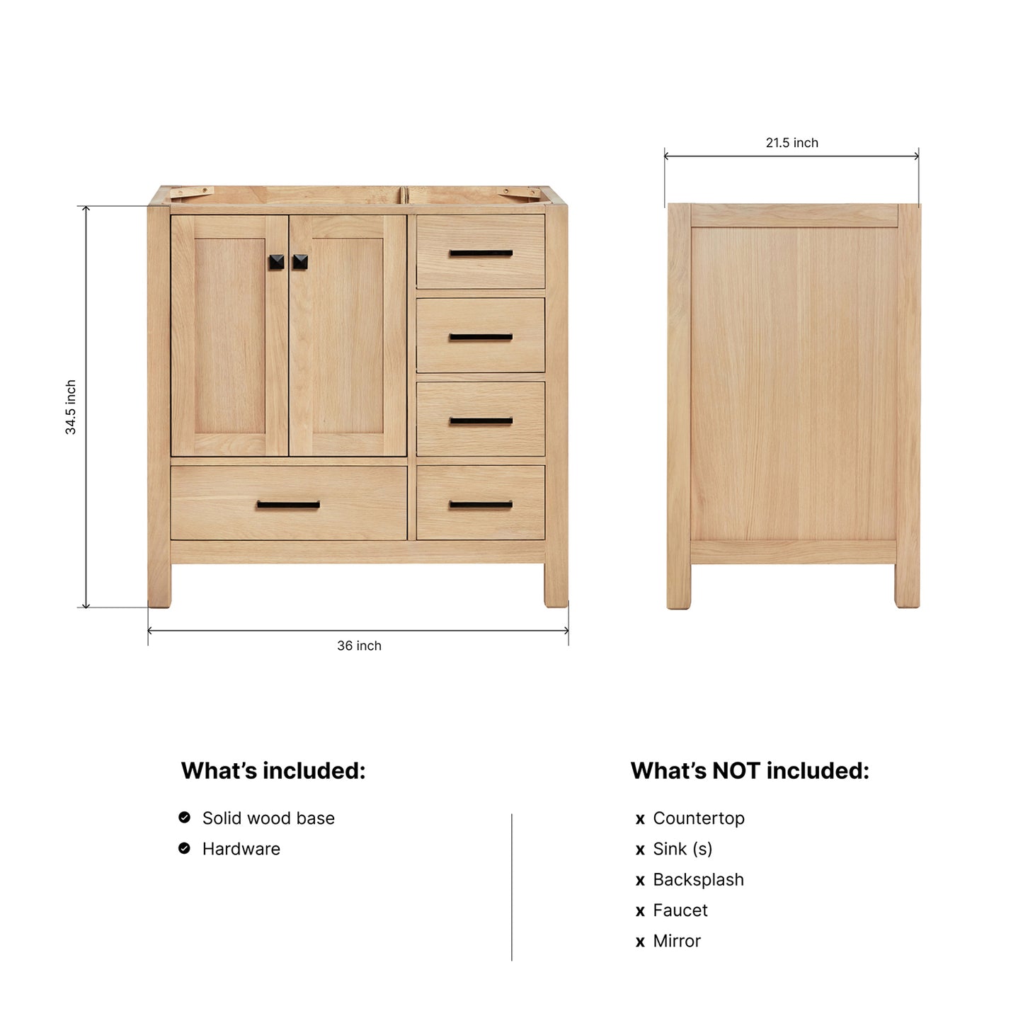 Beckford 36-inch White Oak base cabinet on dimensions