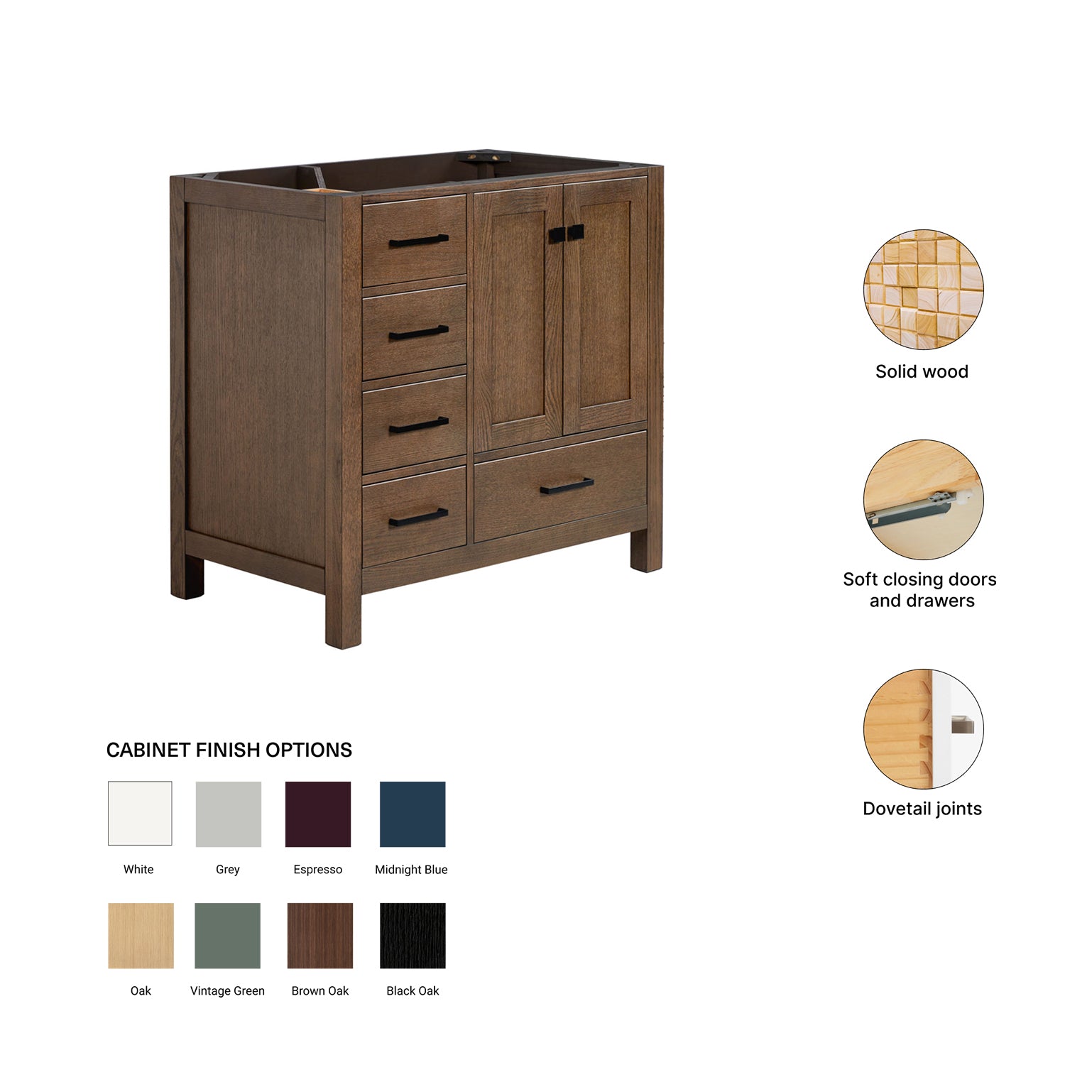 Beckford 36-inch Brown Oak base cabinet on feature highlights: solid wood frame, soft-close doors and drawers, Sherwin-Williams paint finish