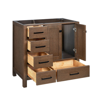 Beckford 36-inch Brown Oak base cabinet on white back ground side view open door