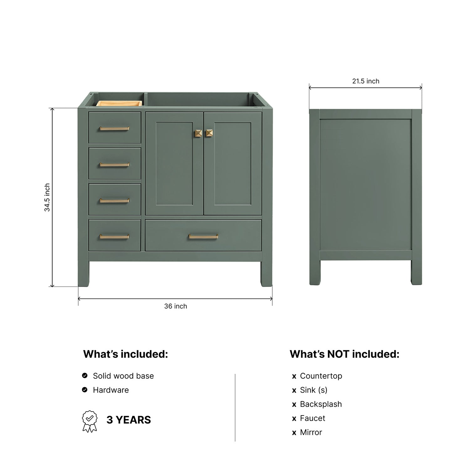 Beckford 36-inch Vintage Green base cabinet on dimensions