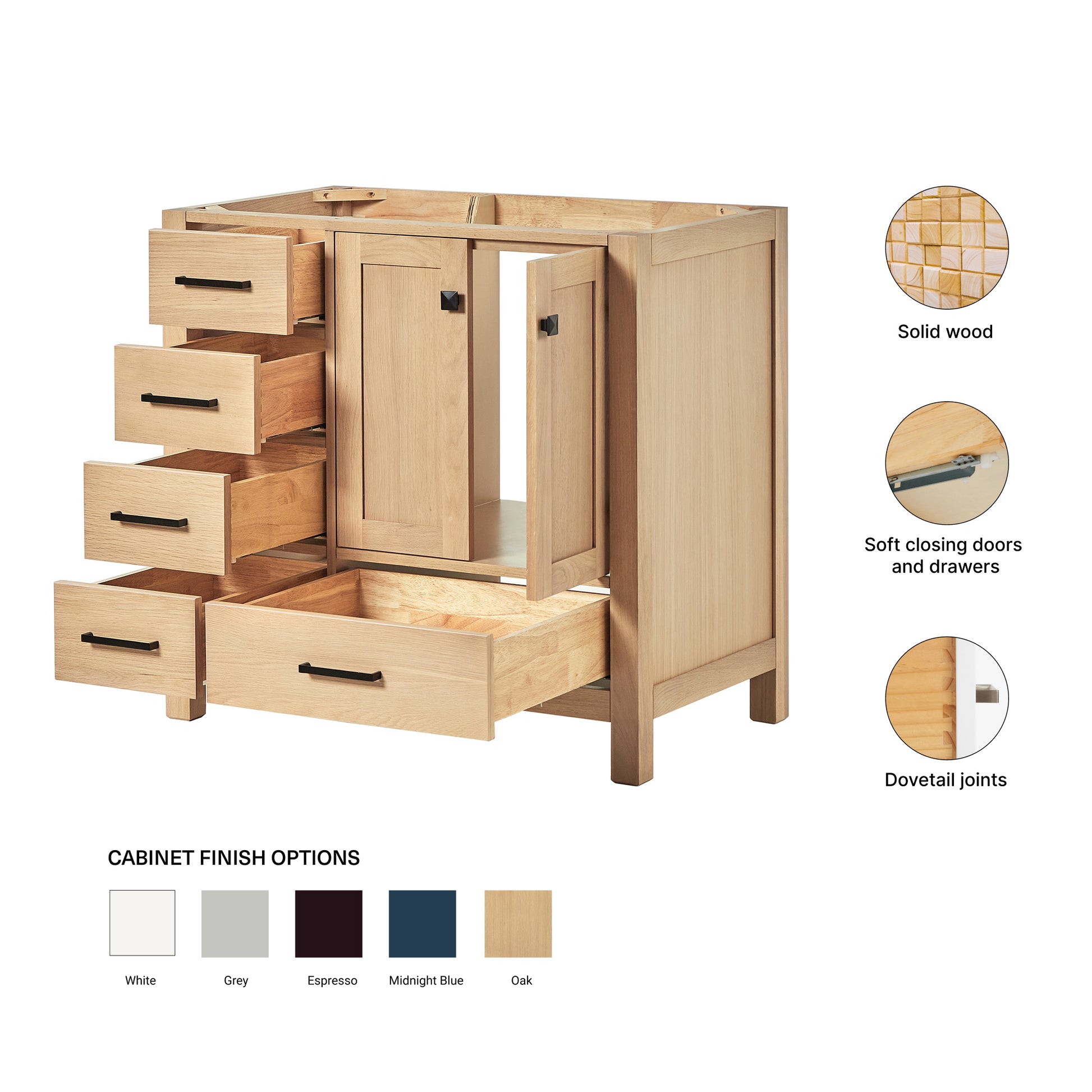 Beckford 36-inch Natural Oak base cabinet on feature highlights: solid wood frame, soft-close doors and drawers, Sherwin-Williams paint finish