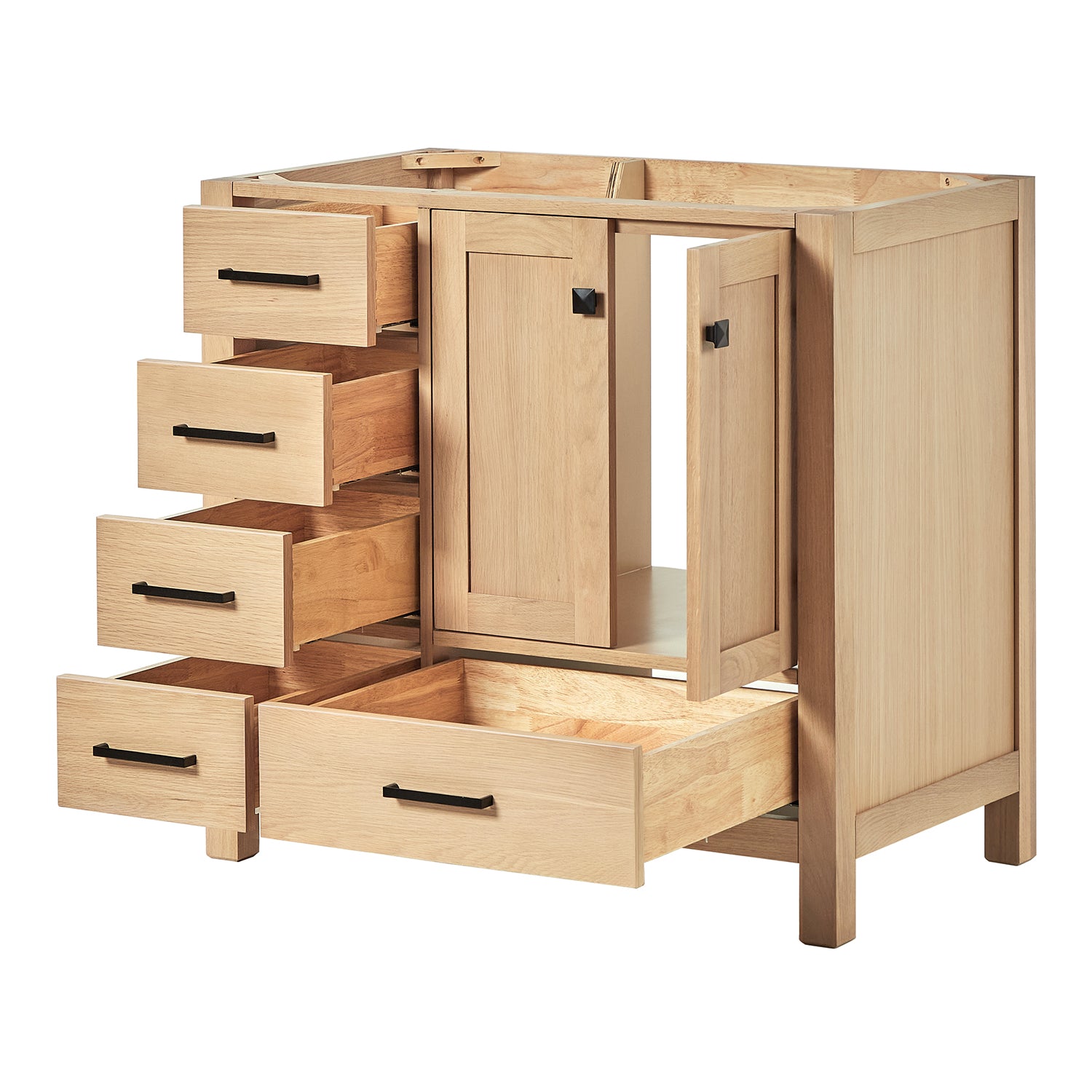 Beckford 36-inch Natural Oak base cabinet on white back ground side view open door