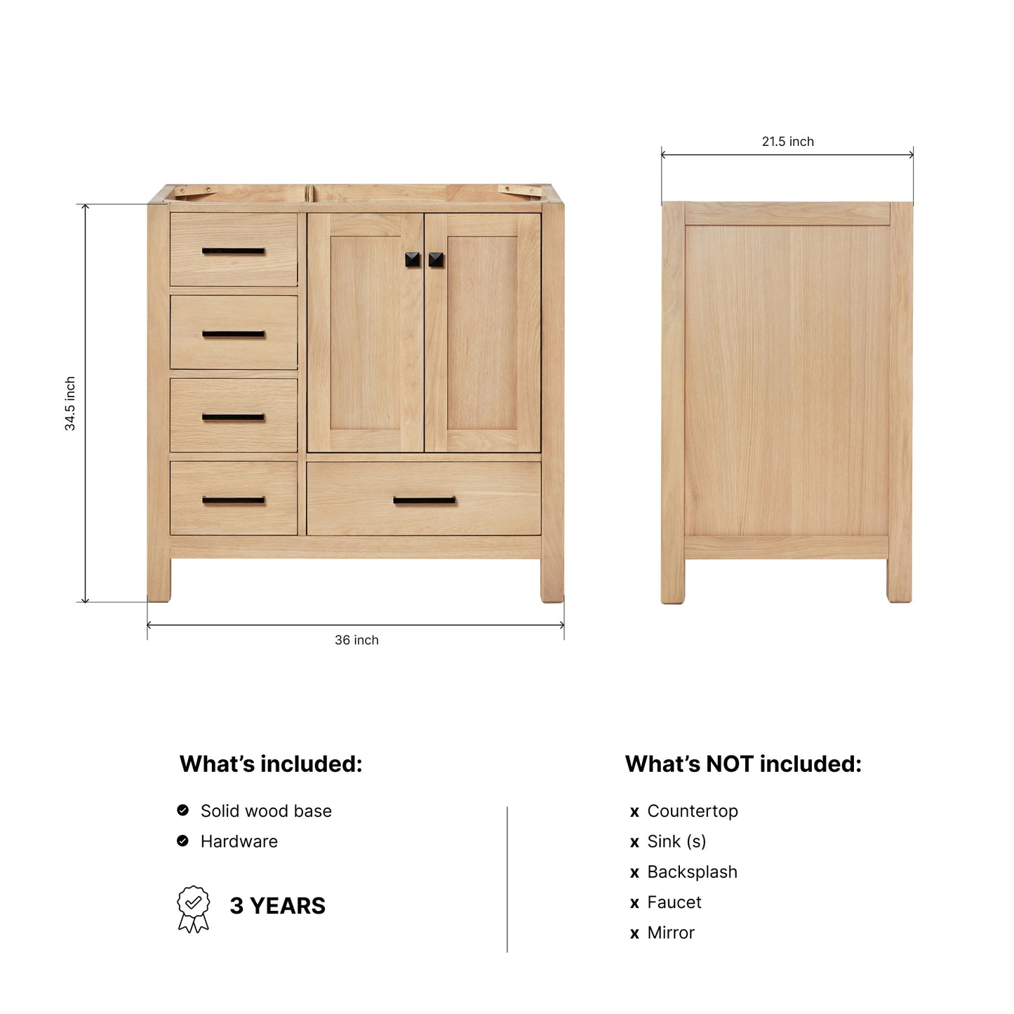 Beckford 36-inch Natural Oak base cabinet on dimensions