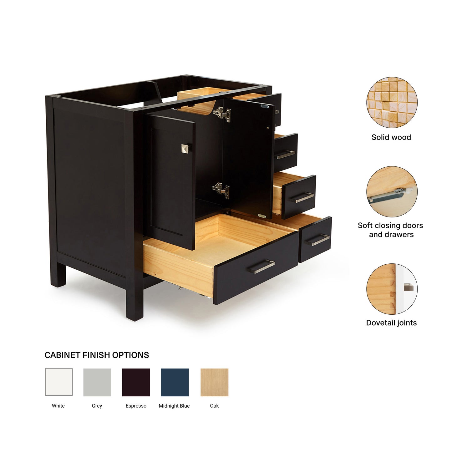 Beckford 36-inch Espresso base cabinet on feature highlights: solid wood frame, soft-close doors and drawers, Sherwin-Williams paint finish