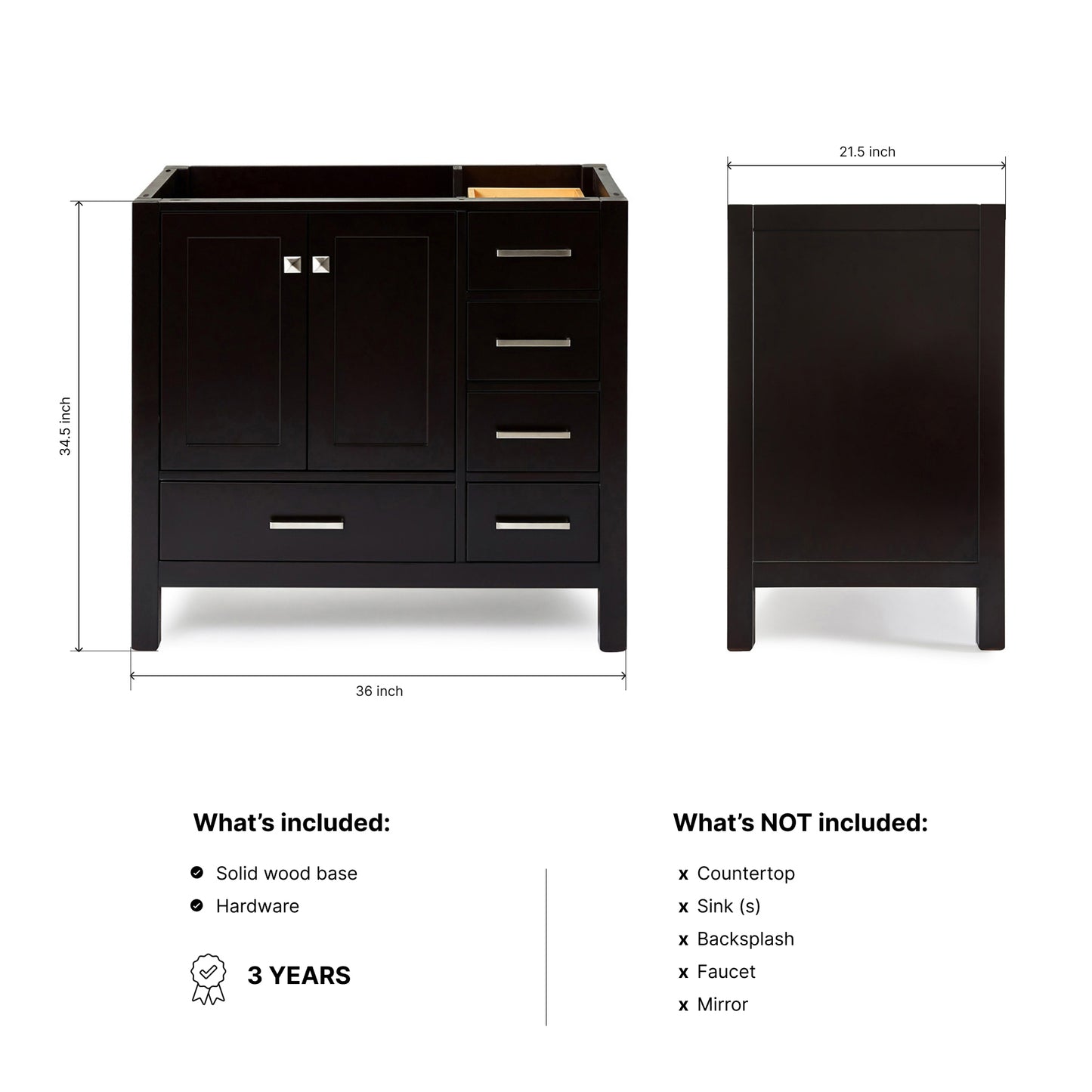 Beckford 36-inch Espresso base cabinet on dimensions