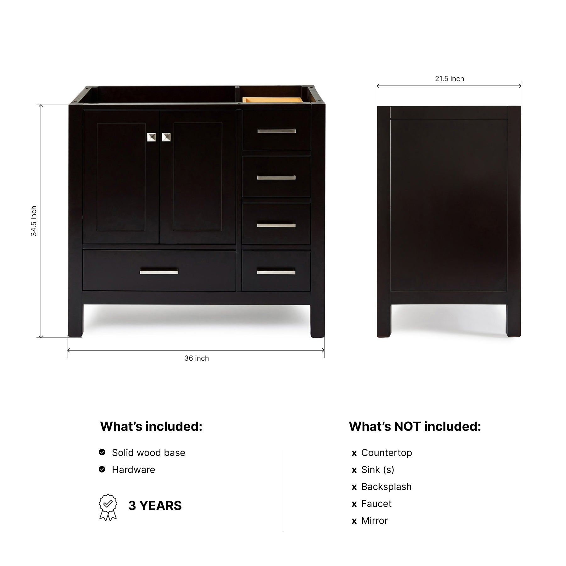 Beckford 36-inch Espresso base cabinet on dimensions