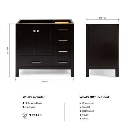 Beckford 36-inch Espresso base cabinet on dimensions