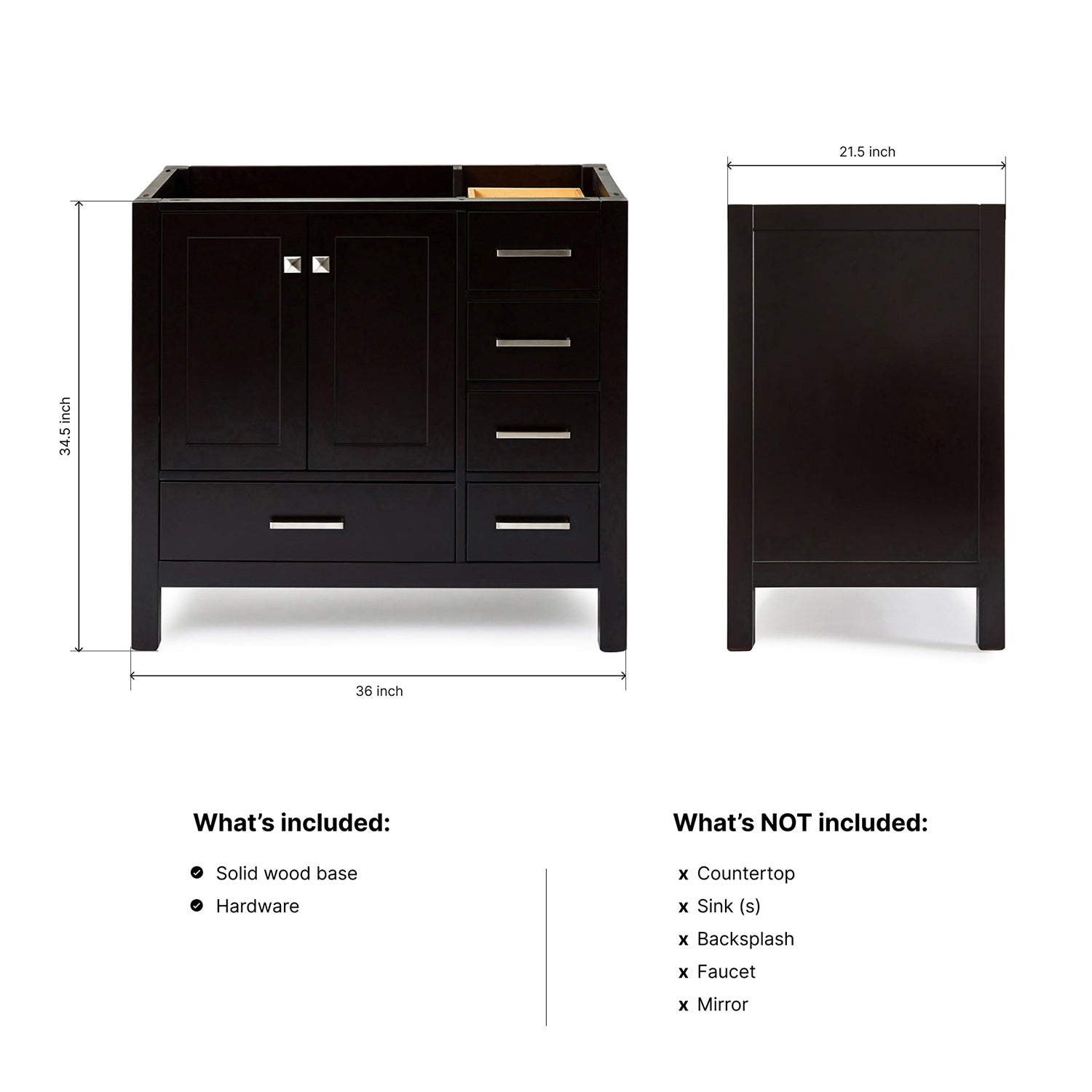 Beckford 36-inch Espresso base cabinet on dimensions