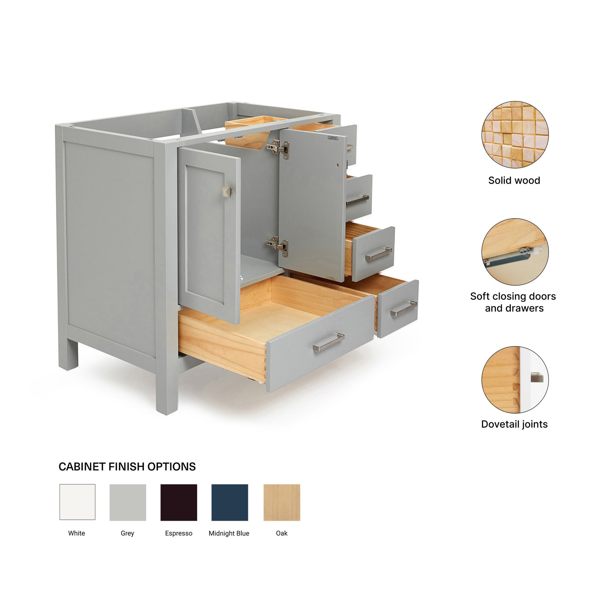 Beckford 36-inch Grey base cabinet on feature highlights: solid wood frame, soft-close doors and drawers, Sherwin-Williams paint finish