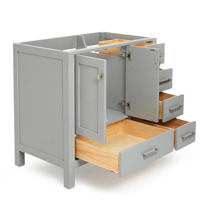 Beckford 36-inch Grey base cabinet on white back ground side view open door