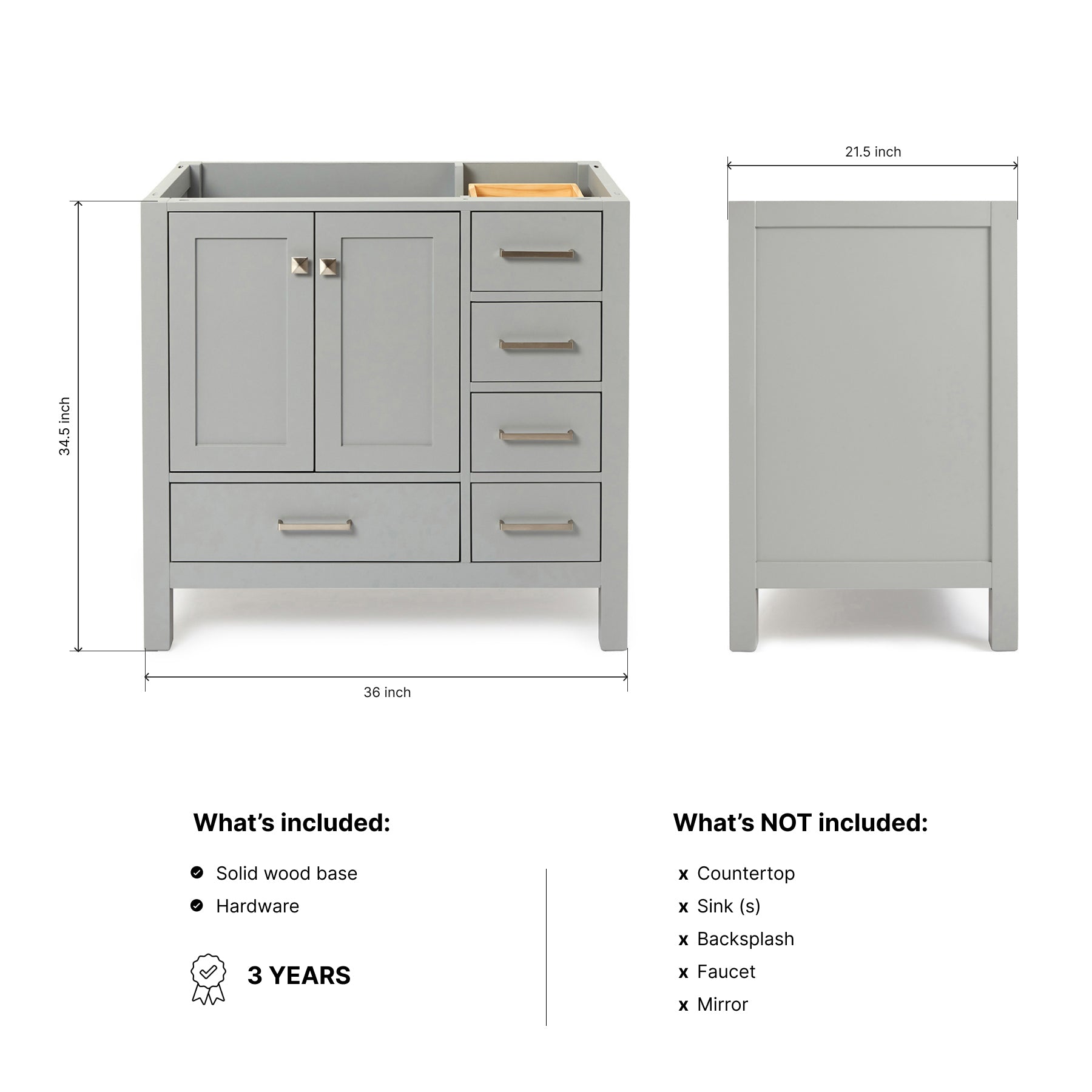 Beckford 36-inch Grey base cabinet on dimensions