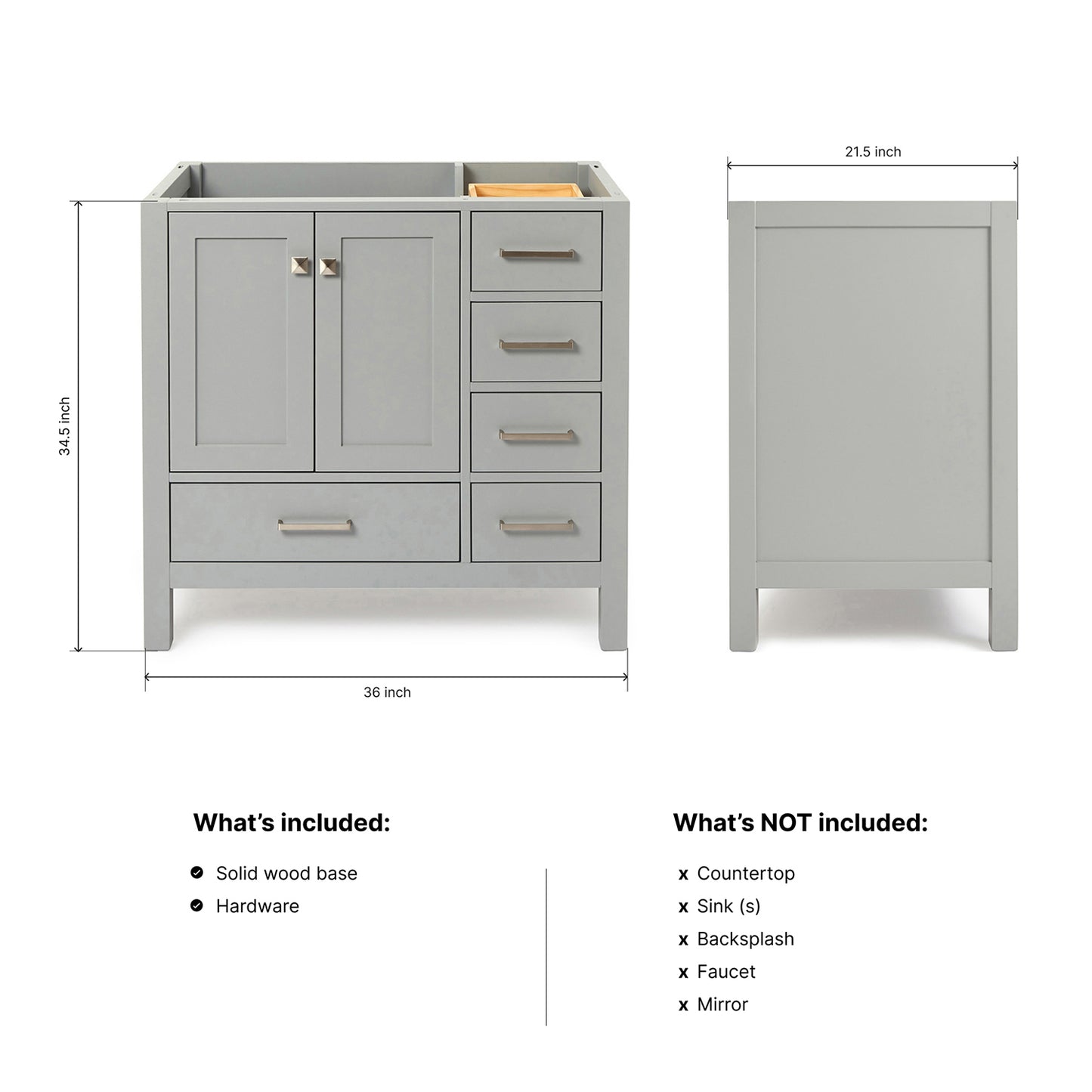 Beckford 36-inch Grey base cabinet on dimensions