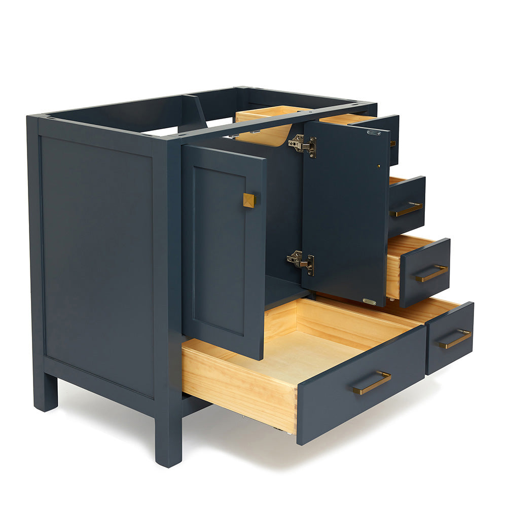 Beckford 36-inch Midnight Blue base cabinet on white back ground side view open door