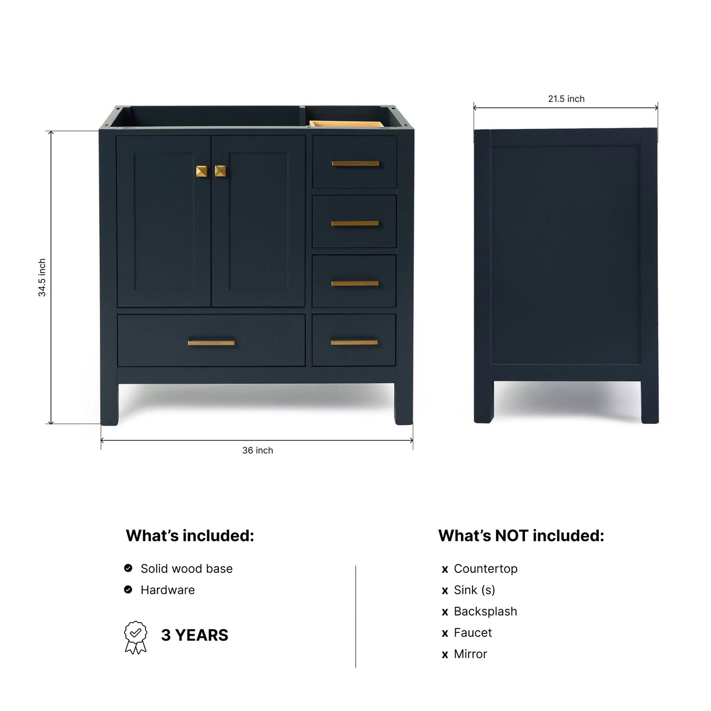 Beckford 36-inch Midnight Blue base cabinet on dimensions
