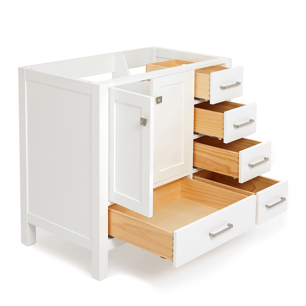 Beckford 36-inch White base cabinet on white back ground side view open door