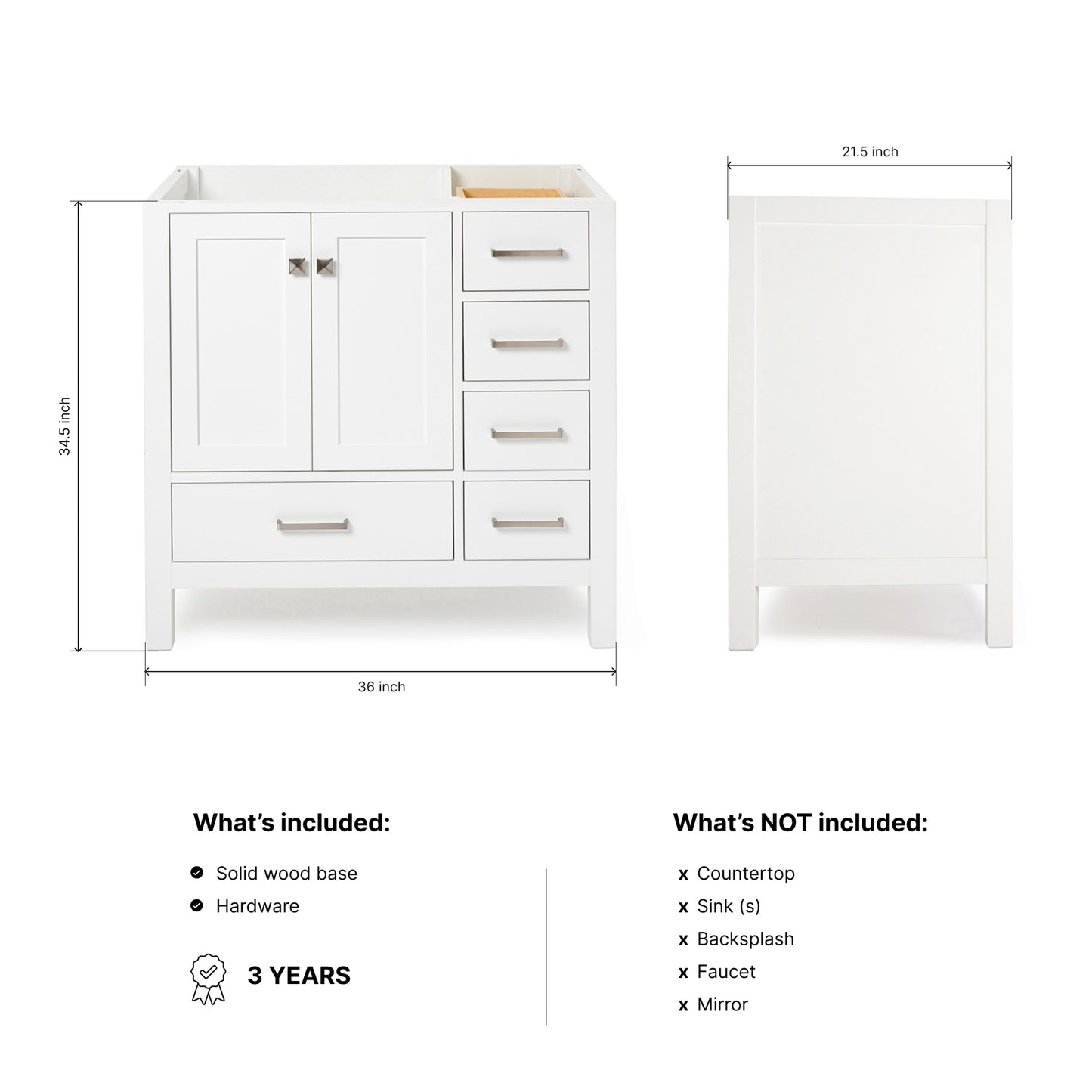 Beckford 36-inch White base cabinet on dimensions