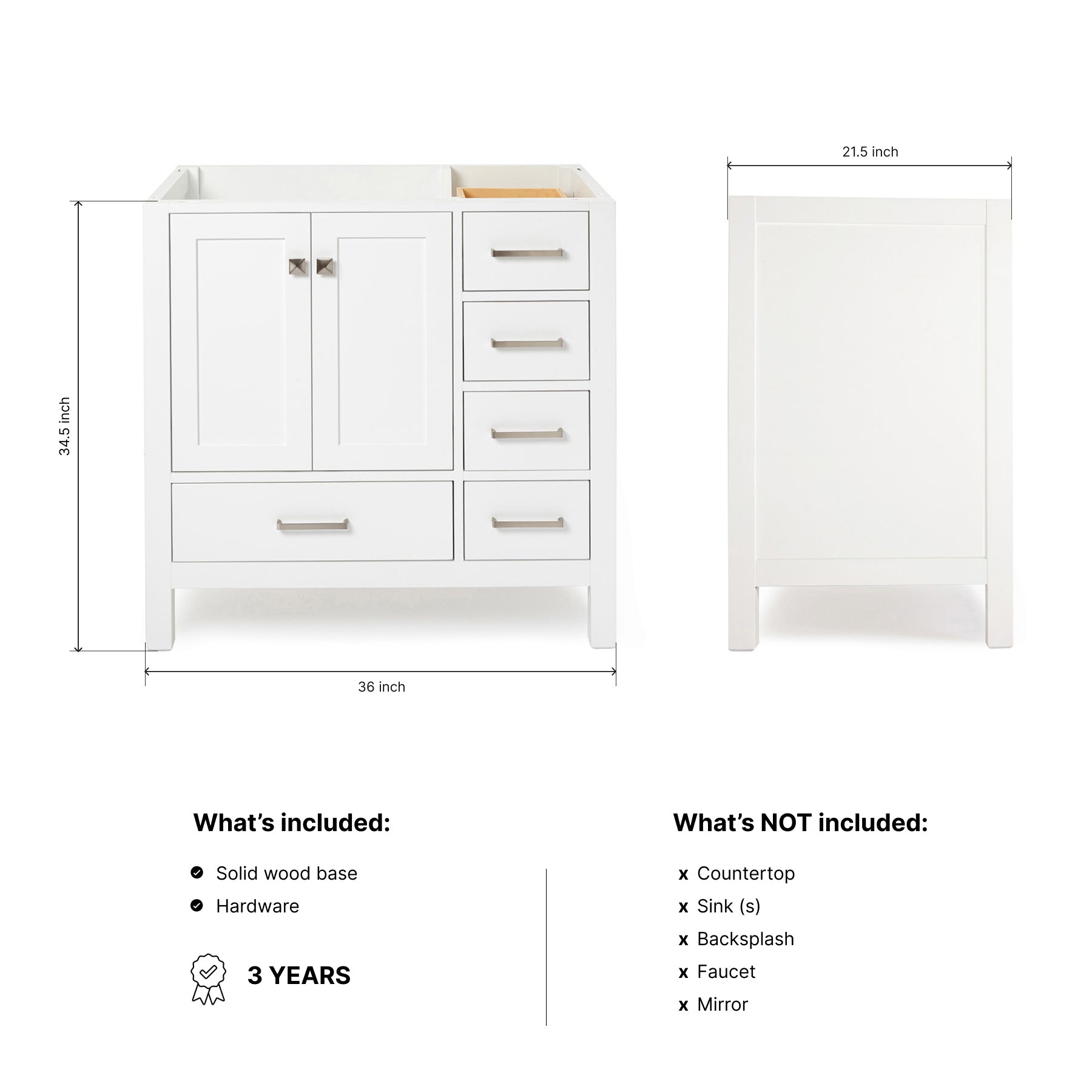 Beckford 36-inch White base cabinet on dimensions