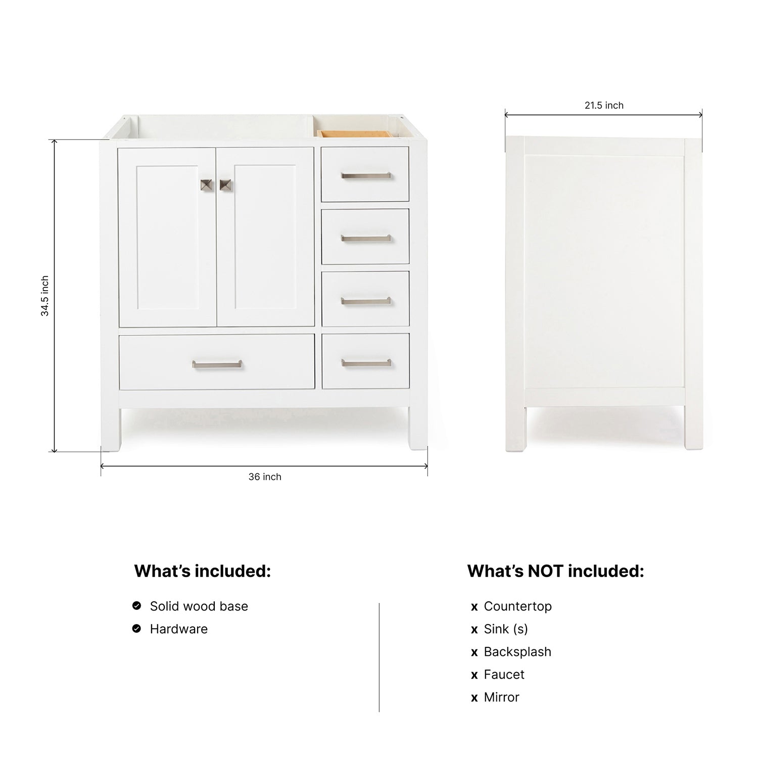 Beckford 36-inch White base cabinet on dimensions