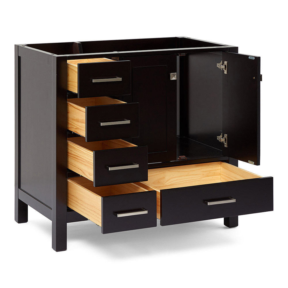 Beckford 36-inch Espresso base cabinet on white back ground side view open door