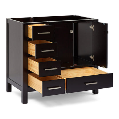 Beckford 36-inch Espresso base cabinet on white back ground side view open door