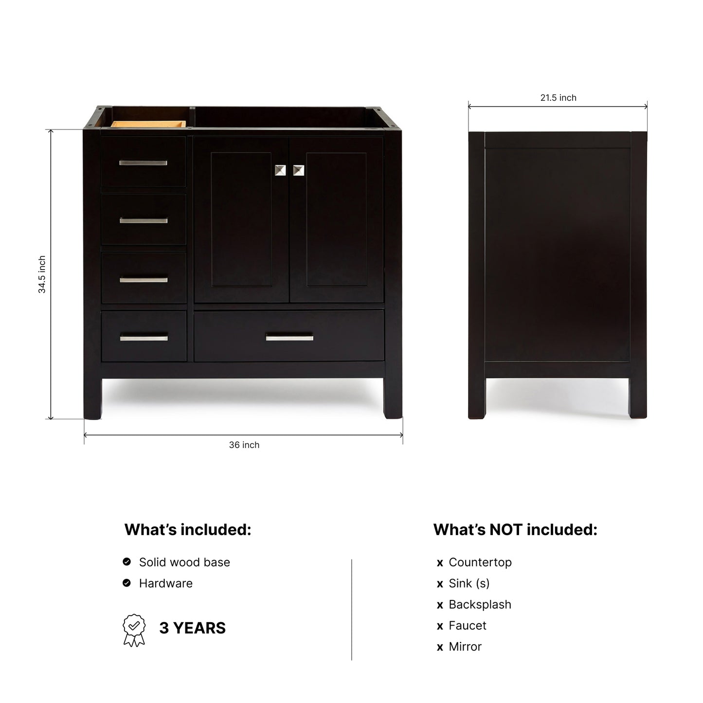 Beckford 36-inch Espresso base cabinet on dimensions