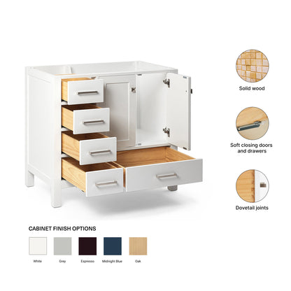 Beckford 36-inch White base cabinet on feature highlights: solid wood frame, soft-close doors and drawers, Sherwin-Williams paint finish