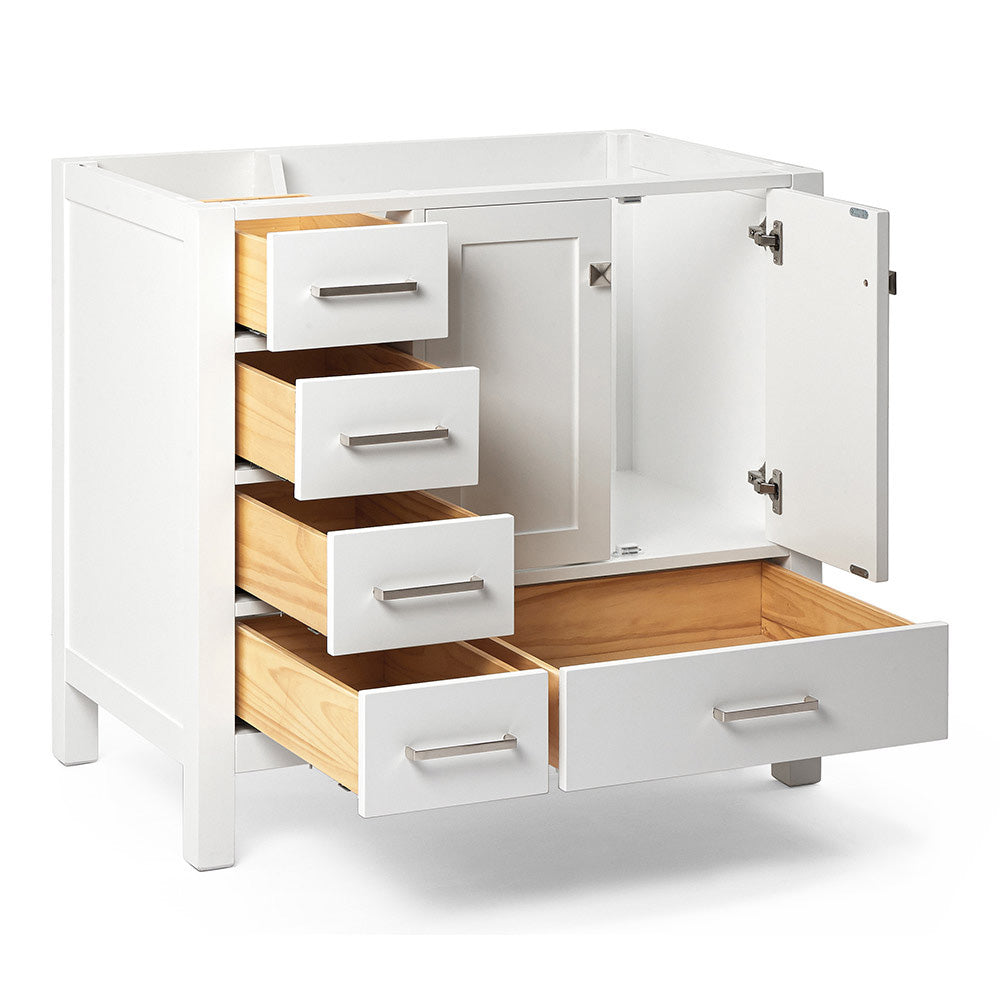 Beckford 36-inch White base cabinet on white back ground side view open door