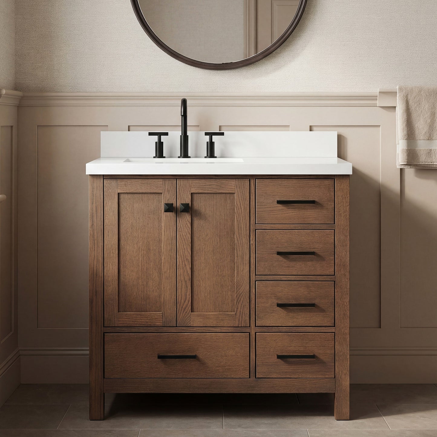 Beckford 36-Inch Brown Oak bathroom vanity in styled bathroom setting