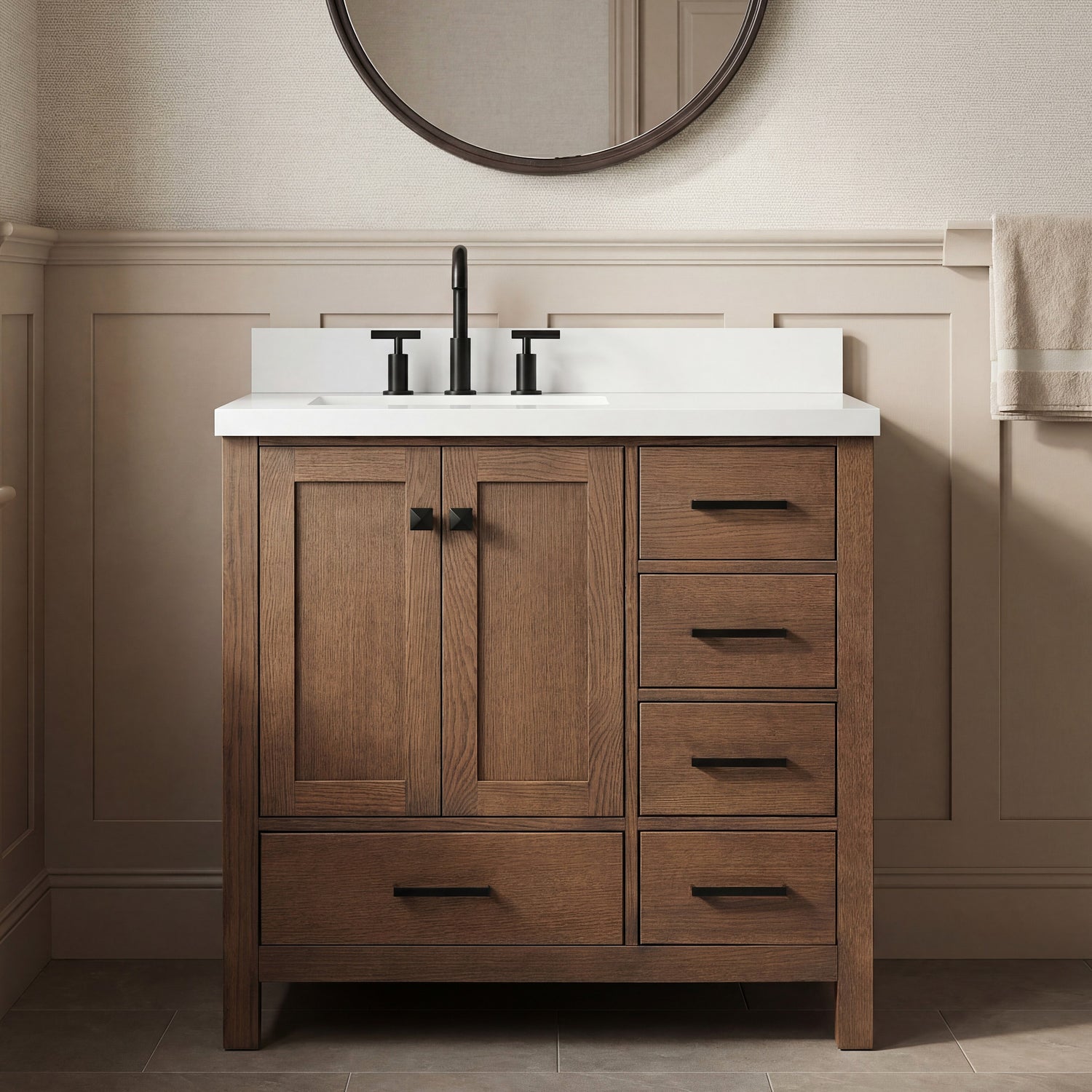 Beckford 36-Inch Brown Oak bathroom vanity in styled bathroom setting