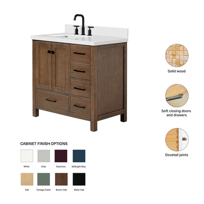 Beckford 36-Inch Brown Oak bathroom vanity – feature highlights: solid wood frame, soft-close doors and drawers, Sherwin-Williams paint finish
