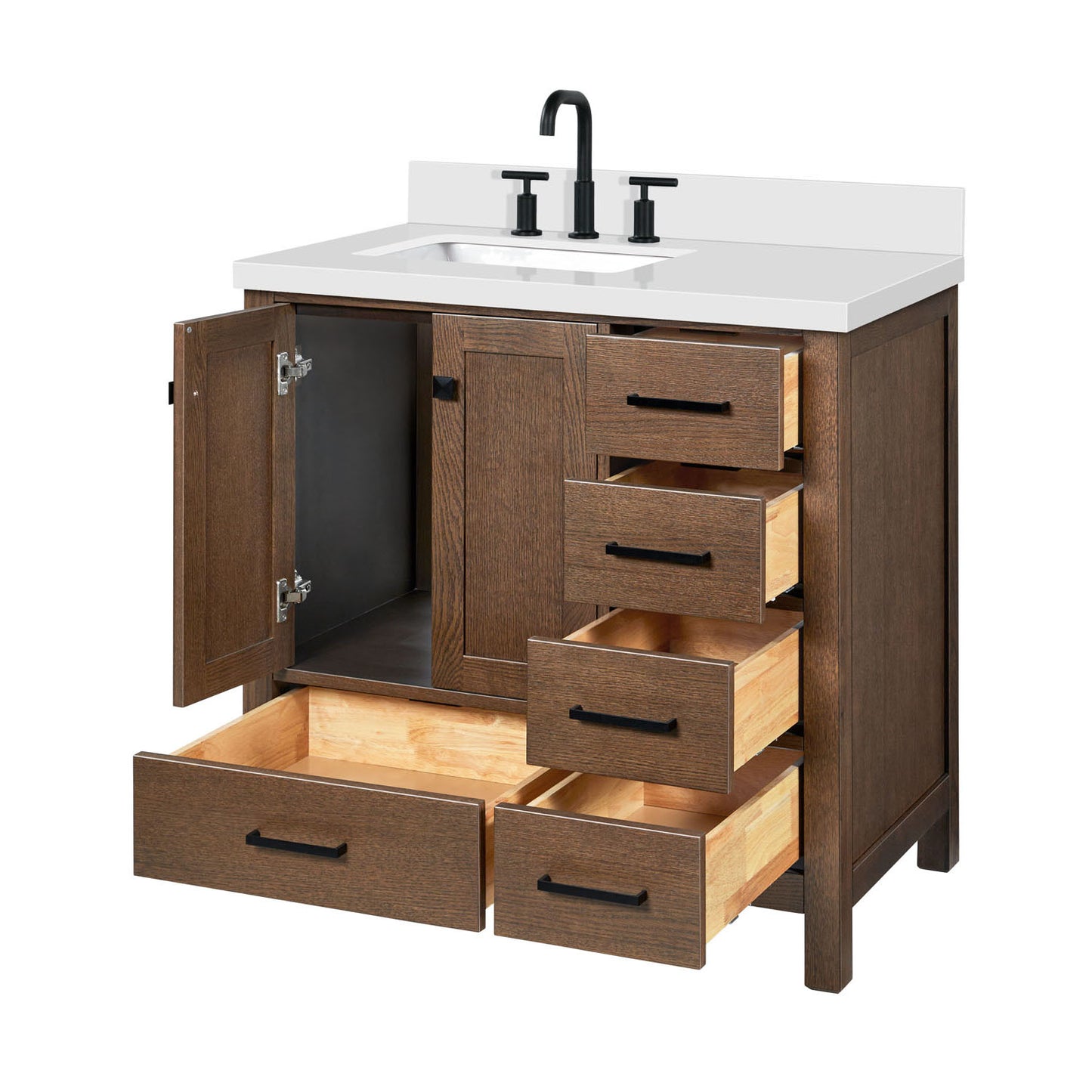 Beckford 36-Inch Brown Oak bathroom vanity on white background – product photo 6