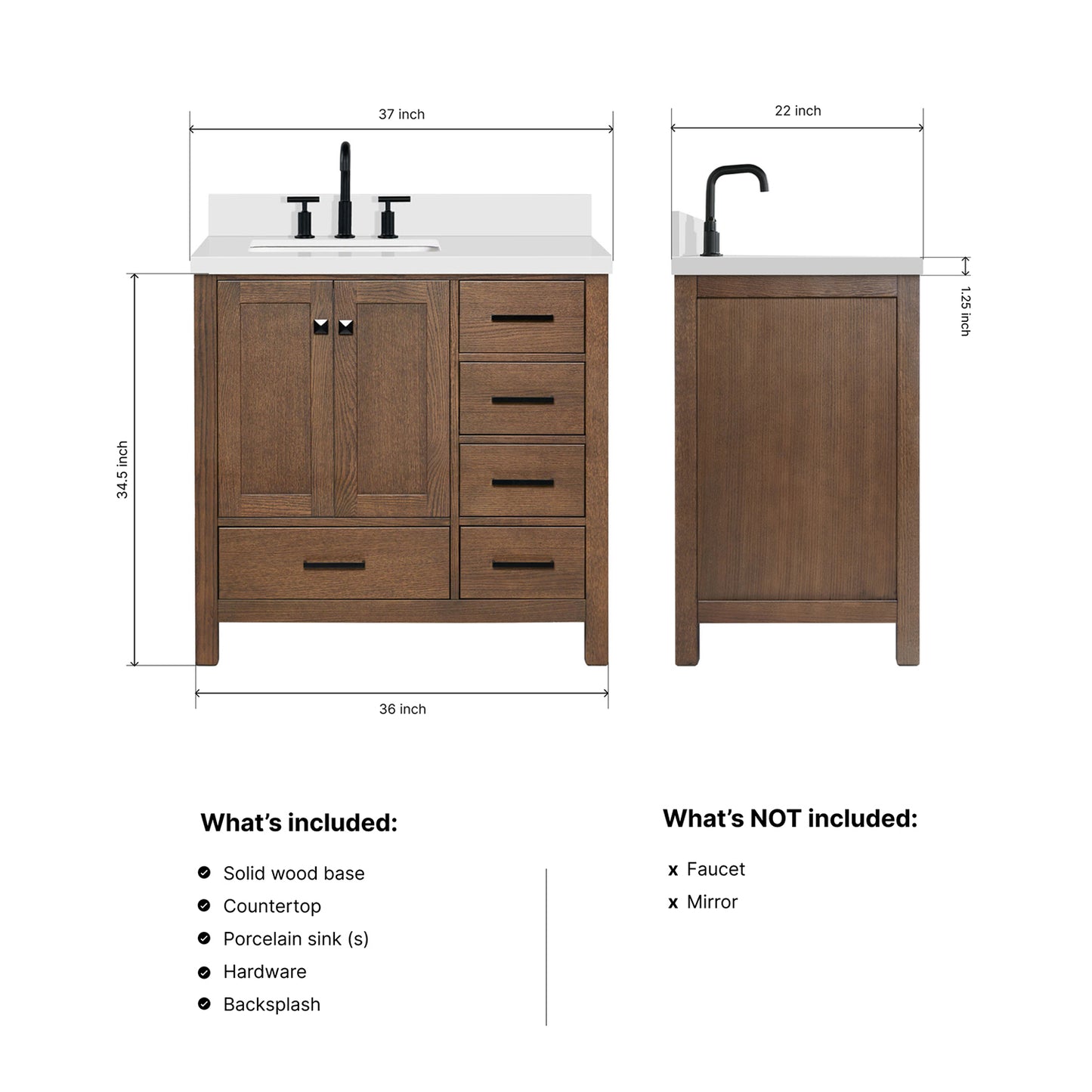 Beckford 36-Inch Brown Oak bathroom vanity dimensions