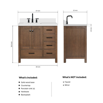 Beckford 36-Inch Brown Oak bathroom vanity dimensions