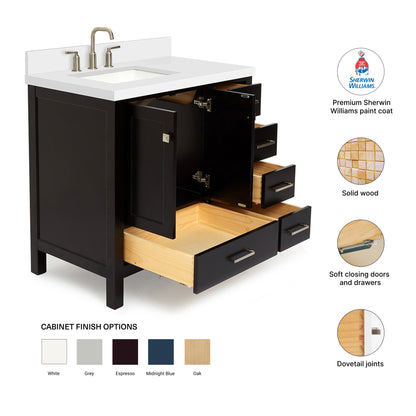 Beckford 36-Inch Espresso bathroom vanity – feature highlights: solid wood frame, soft-close doors and drawers, Sherwin-Williams paint finish