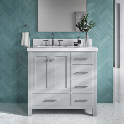 Beckford 36-Inch Grey bathroom vanity in styled bathroom setting