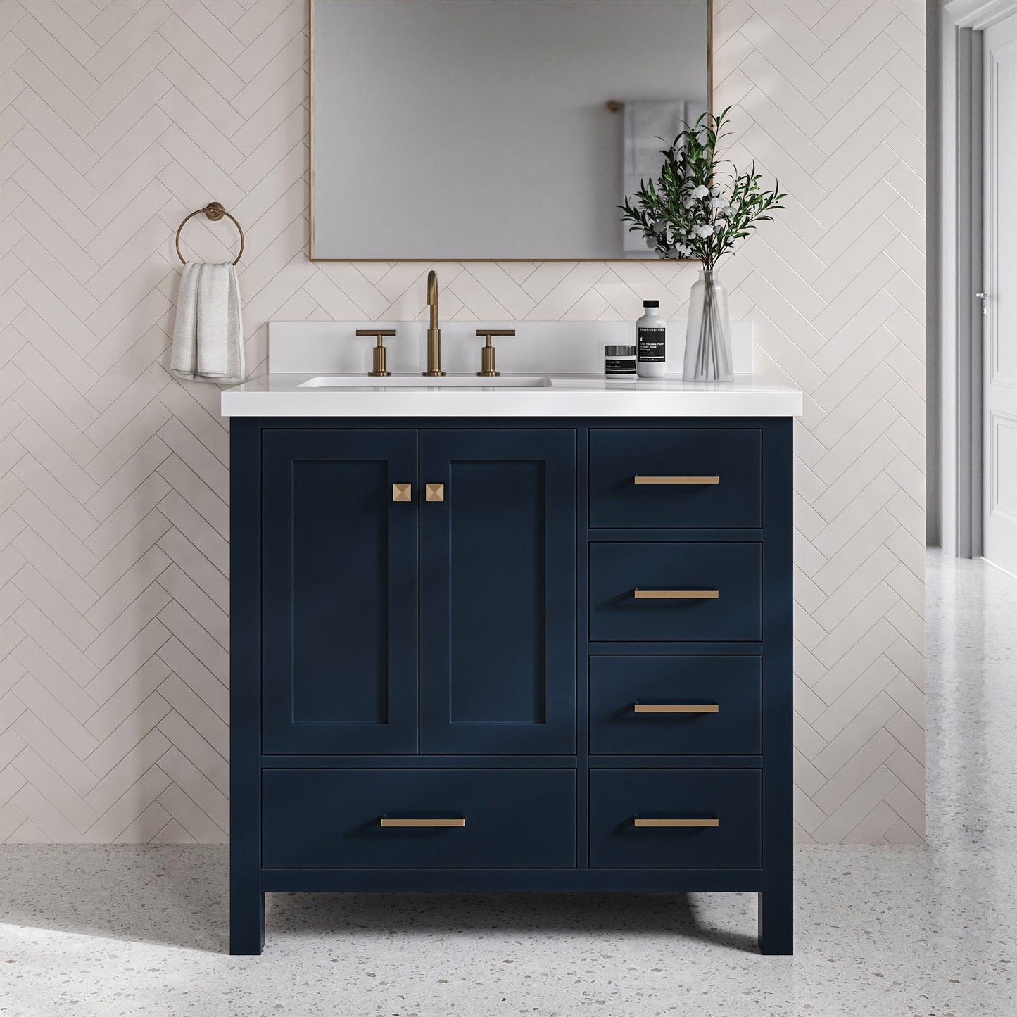 Beckford 36-Inch Midnight Blue bathroom vanity in styled bathroom setting